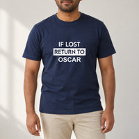 If Lost Return To Name Iron-On Transfer, shown on a navy t-shirt