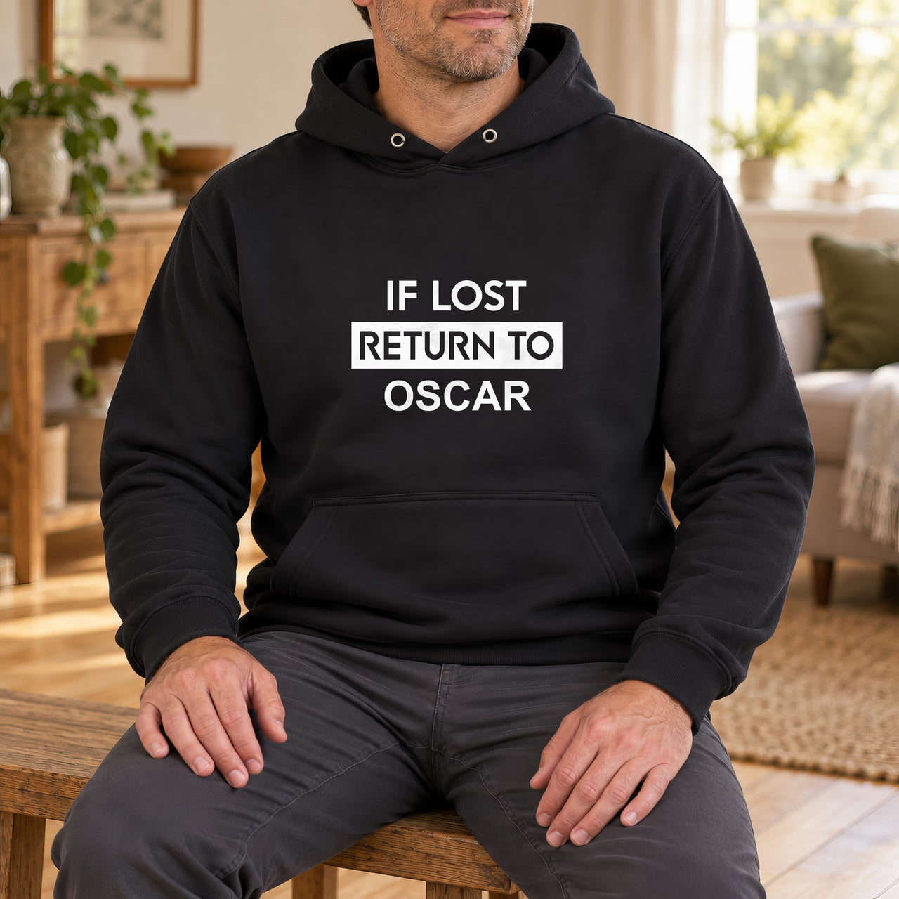 If Lost Return To Name Iron-On Transfer, shown on a black hoodie