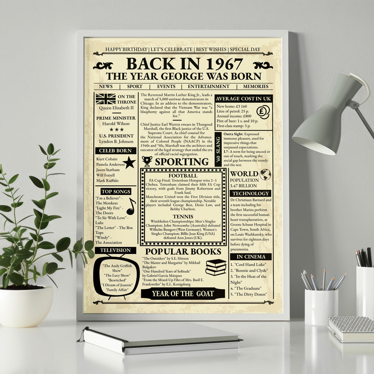 Back in 1967 birthday front page style poster in a white frame on a desk beside a plant and a lamp