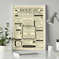 Back in 1967 birthday front page style poster in a white frame on a desk beside a plant and a lamp