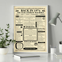 Framed 1974 retro newspaper style print with a name, on a white desk beside a plant and desk lamp