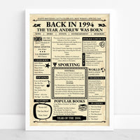 Back in 1994 gazette style birthday print in a white frame against a plain white wall