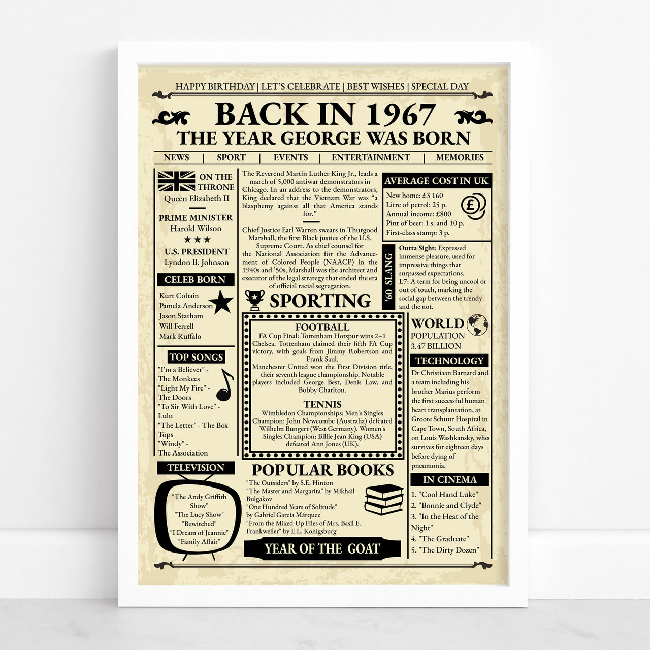 White framed 1967 front page style poster reading The Year George Was Born with facts from that year