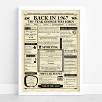 White framed 1967 front page style poster reading The Year George Was Born with facts from that year