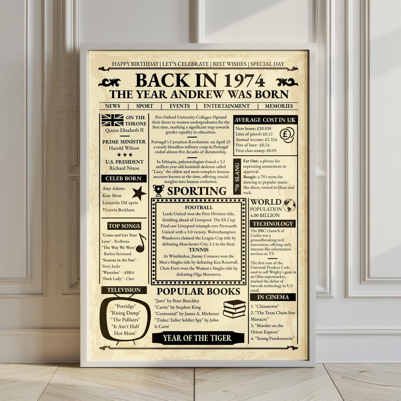 Large framed 1974 retro newspaper print leaning against a white panelled wall on a wooden floor