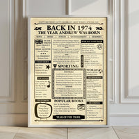 Large framed 1974 retro newspaper print leaning against a white panelled wall on a wooden floor