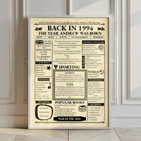 Back in 1994 gazette style birthday print in a white frame leaning on a panelled wall above a wooden floor