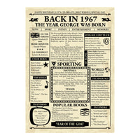 Unframed Back in 1967 front page style print design with sections for news, sport, songs and prices