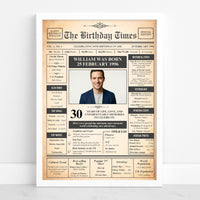 Newspaper style 30th birthday poster with portrait photo, name and birth date in a white frame
