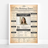 21st birthday newspaper poster with a young woman's photo and 'Sophia was born 11 April 2005'