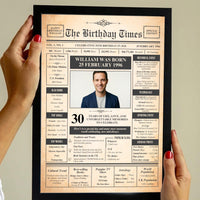 Hands holding a black framed vintage newspaper birthday poster with photo and 30 years headline