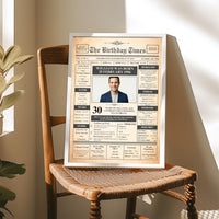 Personalised newspaper birthday print in a light frame on a wooden chair beside a plant