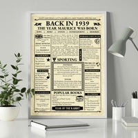 Back in 1939 birthday newspaper style poster in a white frame on a desk with a plant and lamp