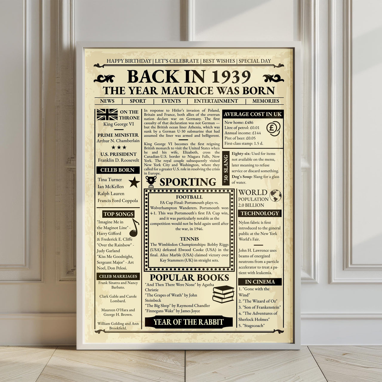 Framed Back in 1939 newspaper style poster leaning against a panelled wall on a wooden floor