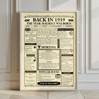 Framed Back in 1939 newspaper style poster leaning against a panelled wall on a wooden floor