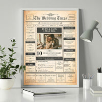 Framed anniversary newspaper poster on a desk beside a lamp and a green plant, with couple photo and names