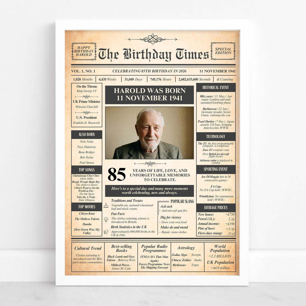 Vintage newspaper style 85th birthday poster in a white frame with a man's photo, name and birth date