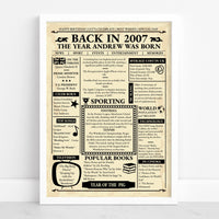 White framed 2007 birthday newspaper print with name headline, top songs, sport, cinema and prices from that year