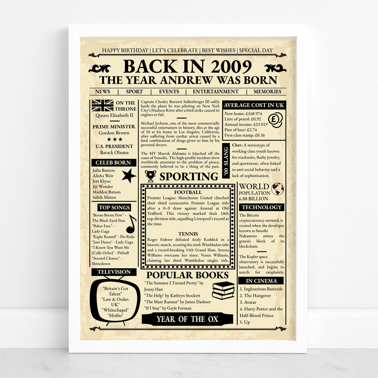 Back in 2009 newspaper poster, front view in a white frame: vintage cream page, The Year Andrew Was Born, news columns