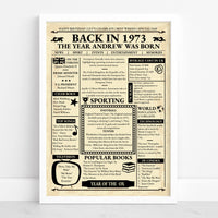 Vintage gazette style birthday poster with name and facts from 1973 in a white frame against a white wall