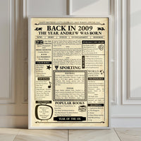 Back in 2009 newspaper poster in a white frame leaning on a panelled wall on a wooden floor, The Year Andrew Was Born