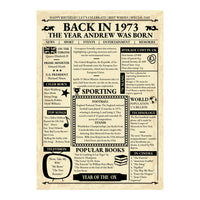 Full design of retro gazette birthday print with name, year events, songs, prices and cinema facts