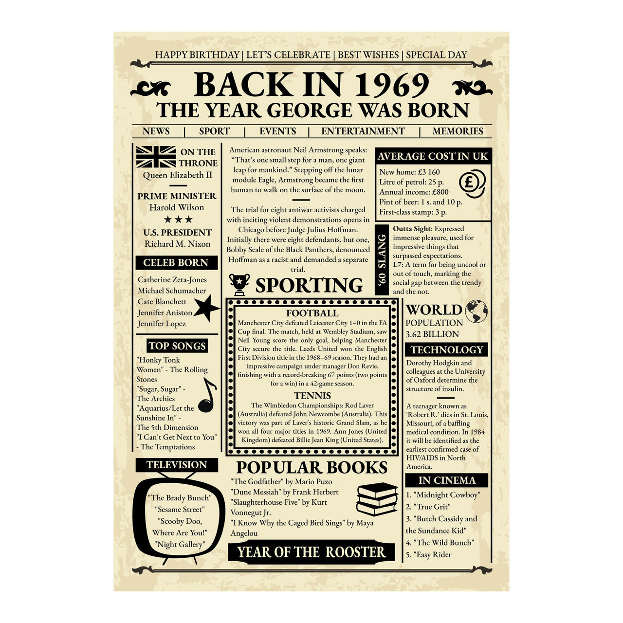 Full design of a personalised 1969 newspaper poster with UK prices, sport, books and Year of the Rooster