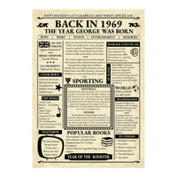 Full design of a personalised 1969 newspaper poster with UK prices, sport, books and Year of the Rooster