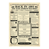 Full design of the Back in 2001 print reading The Year Andrew Was Born, with UK prices, sport, slang and books