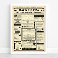 White framed Back in 1954 birthday print with a name, news, prices, songs and sport from that year