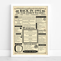 Personalised 1992 newspaper style birthday poster with name, news, sport and prices in a white frame