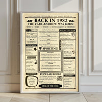 White framed Back in 1982 birthday headline news poster leaning on a panelled wall on a wooden floor