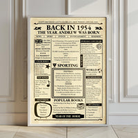 Large framed 1954 newspaper style birthday print leaning against a panelled wall on a wooden floor
