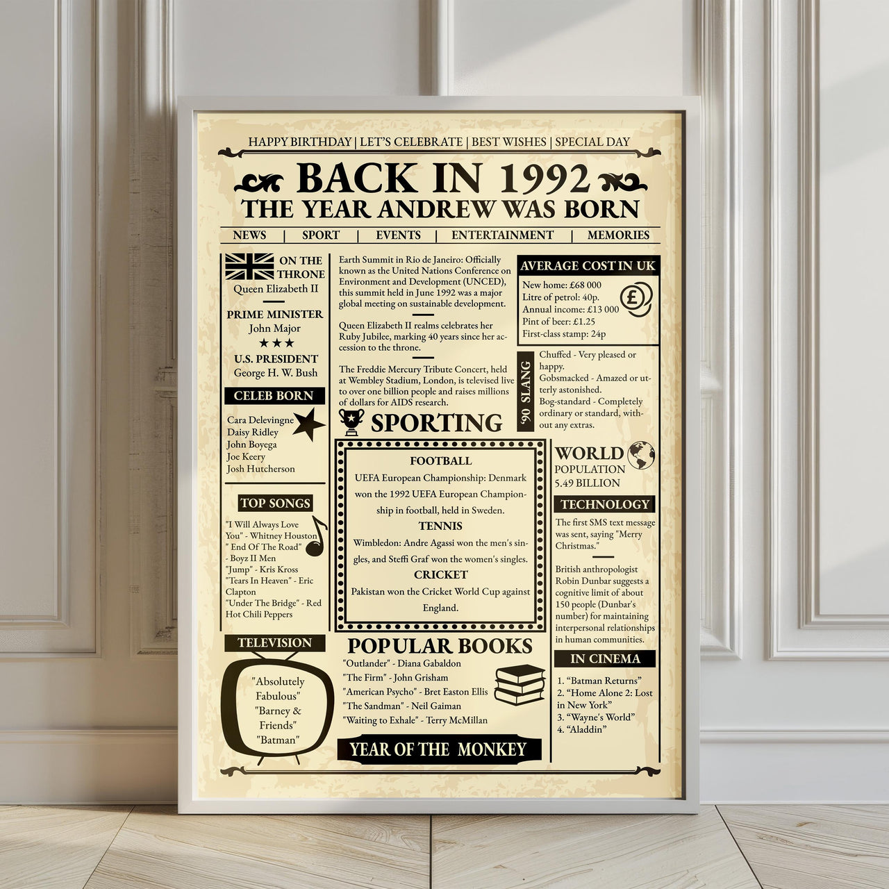 Framed 1992 headline news print leaning against a panelled wall on a light wooden floor
