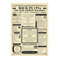 Full view of the unframed 1954 newspaper style print showing the name headline and year facts in black on cream