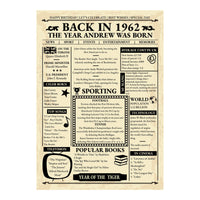 Unframed Back in 1962 print design reading The Year Andrew Was Born, on cream vintage style paper