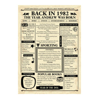 Unframed Back in 1982 headline news print with name headline, year of the dog and 1982 facts