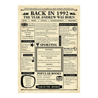 Full view of the cream newspaper style 1992 poster with name, news, sport, prices and year of the monkey