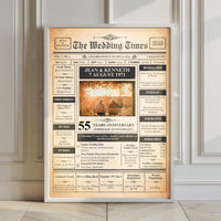Large framed emerald anniversary newspaper print leaning against a panelled wall on a wooden floor