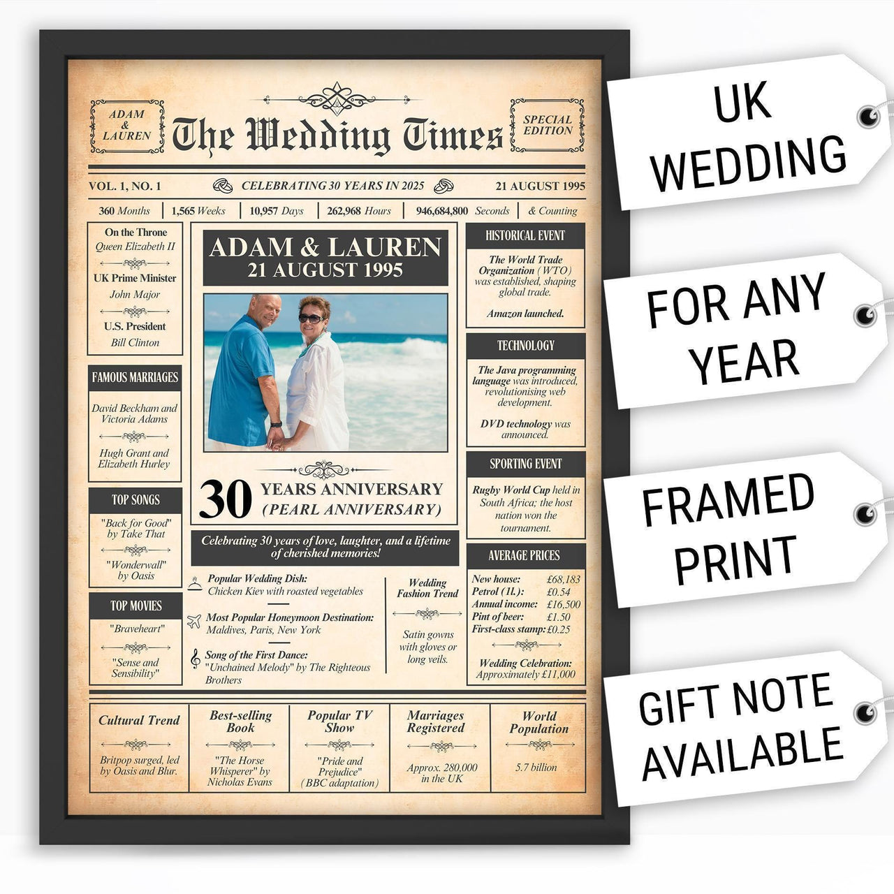 Black framed 30 year pearl anniversary newspaper style print with couple photo, names and 1995 wedding date
