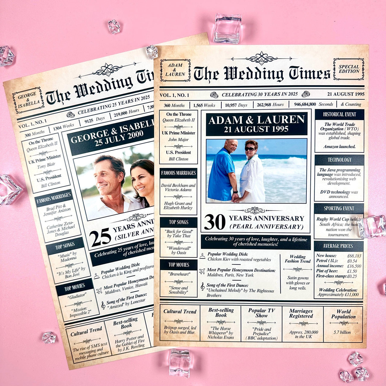 Unframed 30 year pearl anniversary newspaper print on pink with a silver 25th print behind, couple photos and clear cubes