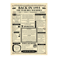Back in 1955 newspaper style birthday poster shown flat without a frame, aged paper look with name headline