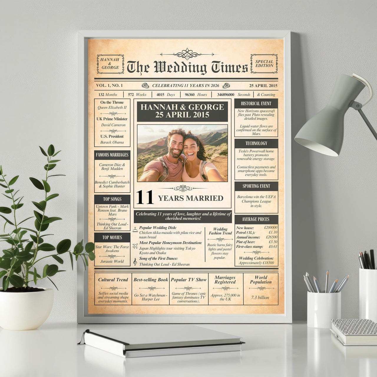 Anniversary newspaper print in a light frame on a white desk beside a plant, desk lamp and notebook