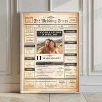 Large framed wedding anniversary front page print leaning against a panelled wall on a wooden floor