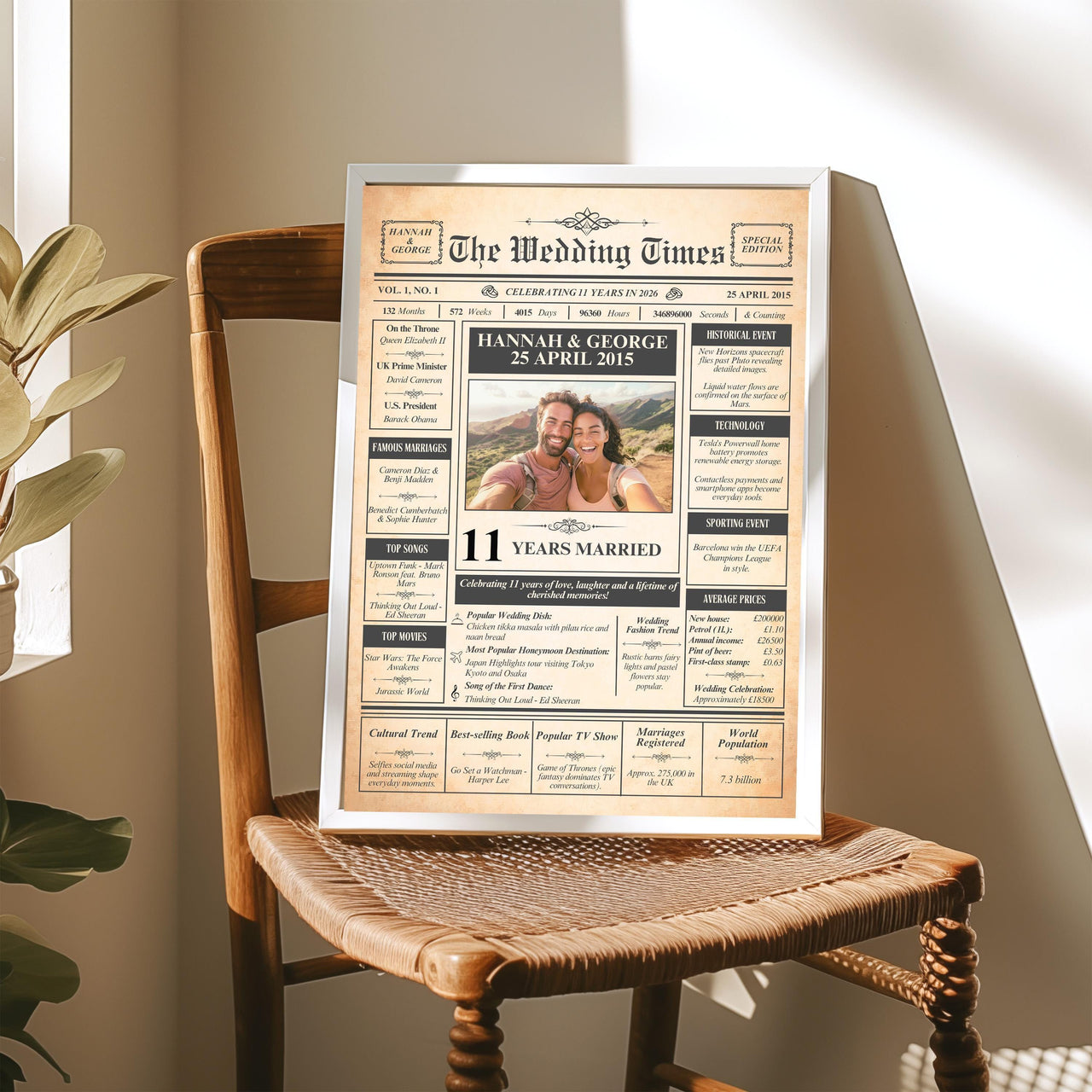 Framed anniversary newspaper print with a couple photo resting on a wooden rush seat chair in soft sunlight