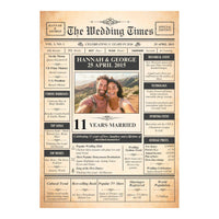 Close view of the aged paper anniversary newspaper design with a couple photo, wedding date and facts from that year