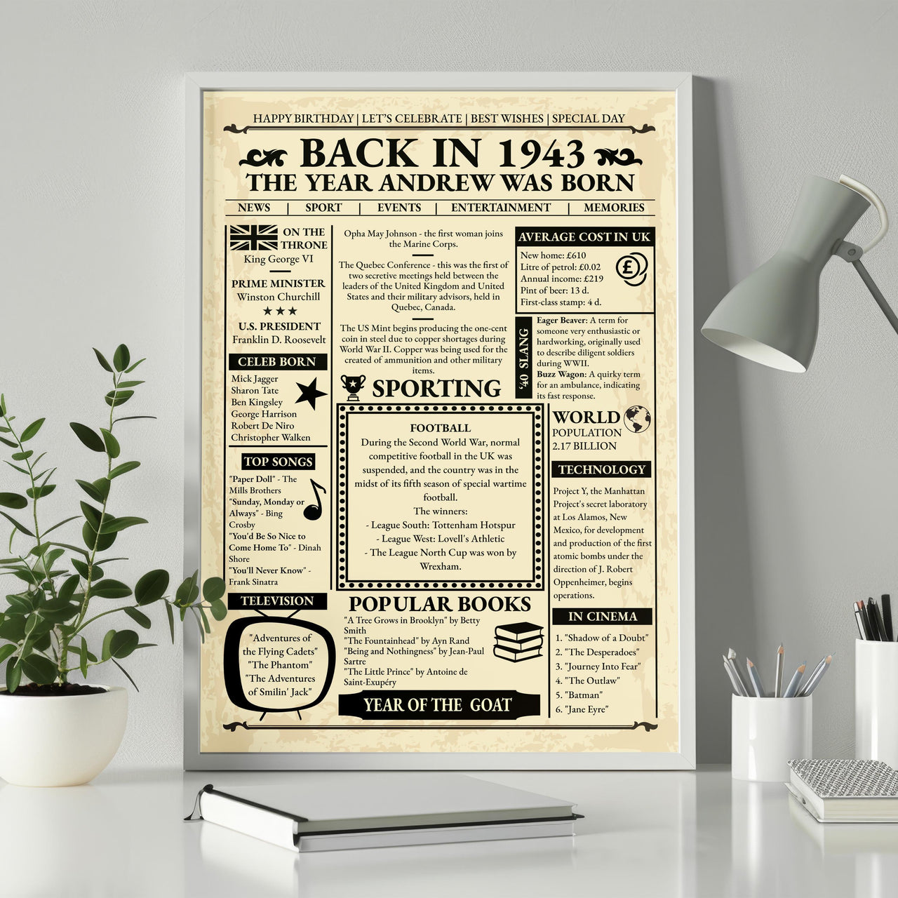 Vintage newspaper style poster with name and birth year, framed on a desk with a plant and lamp