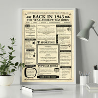 Vintage newspaper style poster with name and birth year, framed on a desk with a plant and lamp