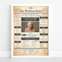 100th birthday newspaper style poster in white frame with photo of older woman, name Gladys and 1926 date