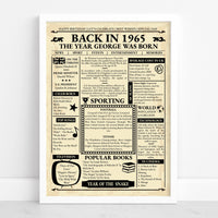 White framed Back in 1965 birth year poster with a name, top songs, prices and world events from that year